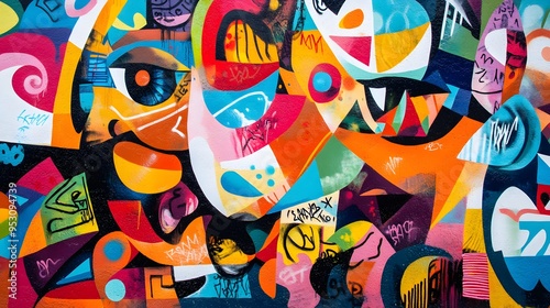 Vibrant street art mural in a bustling city with colorful graffiti bright colors and a diverse crowd bold lines and strong 3D elements