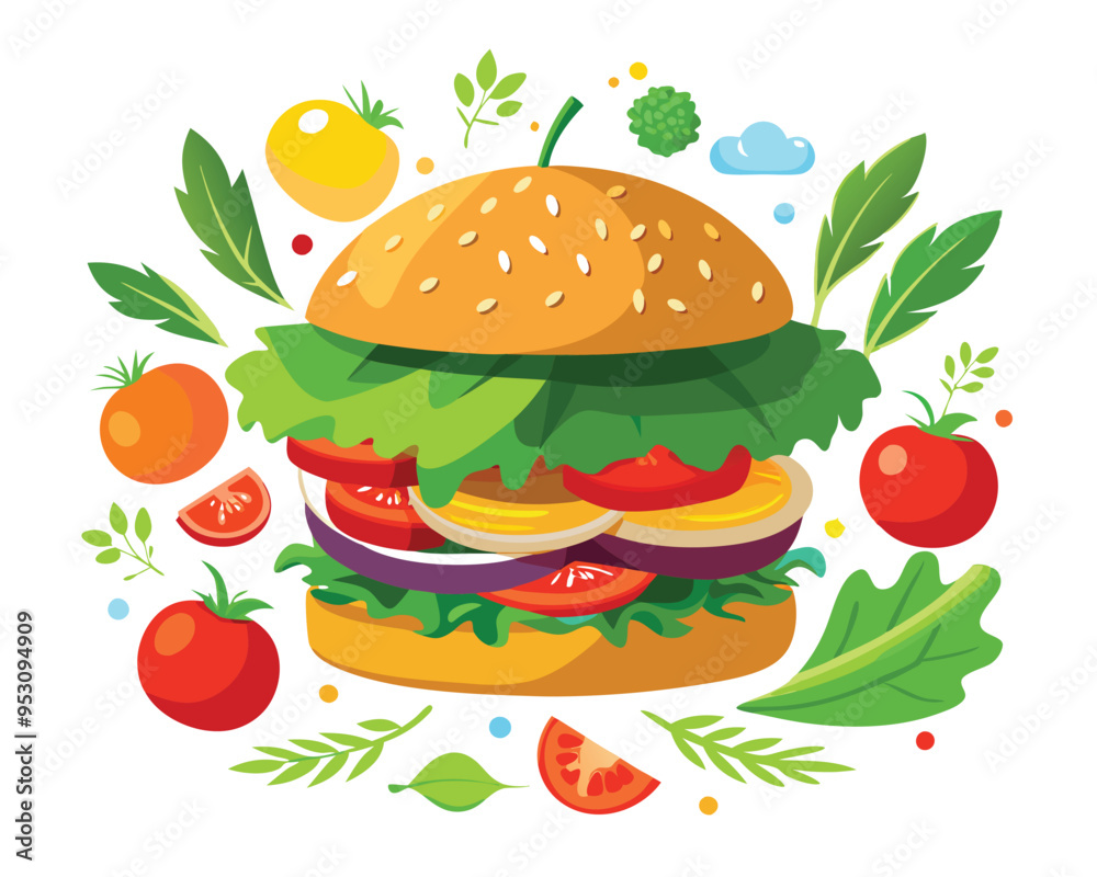 Delicious burger with fresh ingredients and vegetable vector illustration 