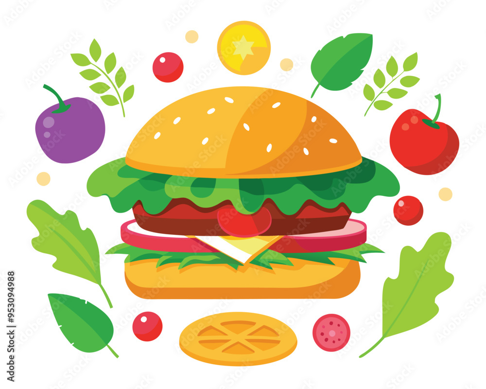 Delicious burger with fresh ingredients and vegetable vector illustration Delicious burger with fresh ingredients and vegetable vector illustration