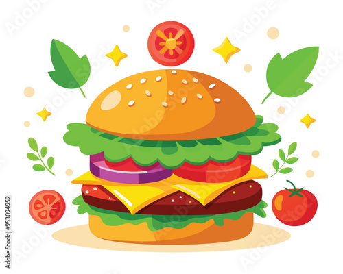 Delicious burger with fresh ingredients and vegetable vector illustration 