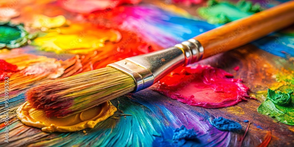 Fototapeta premium Vibrant paintbrush on colorful palette representing creativity, artistry, and emotional expression in art