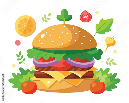 Delicious burger with fresh ingredients and vegetable vector illustration 