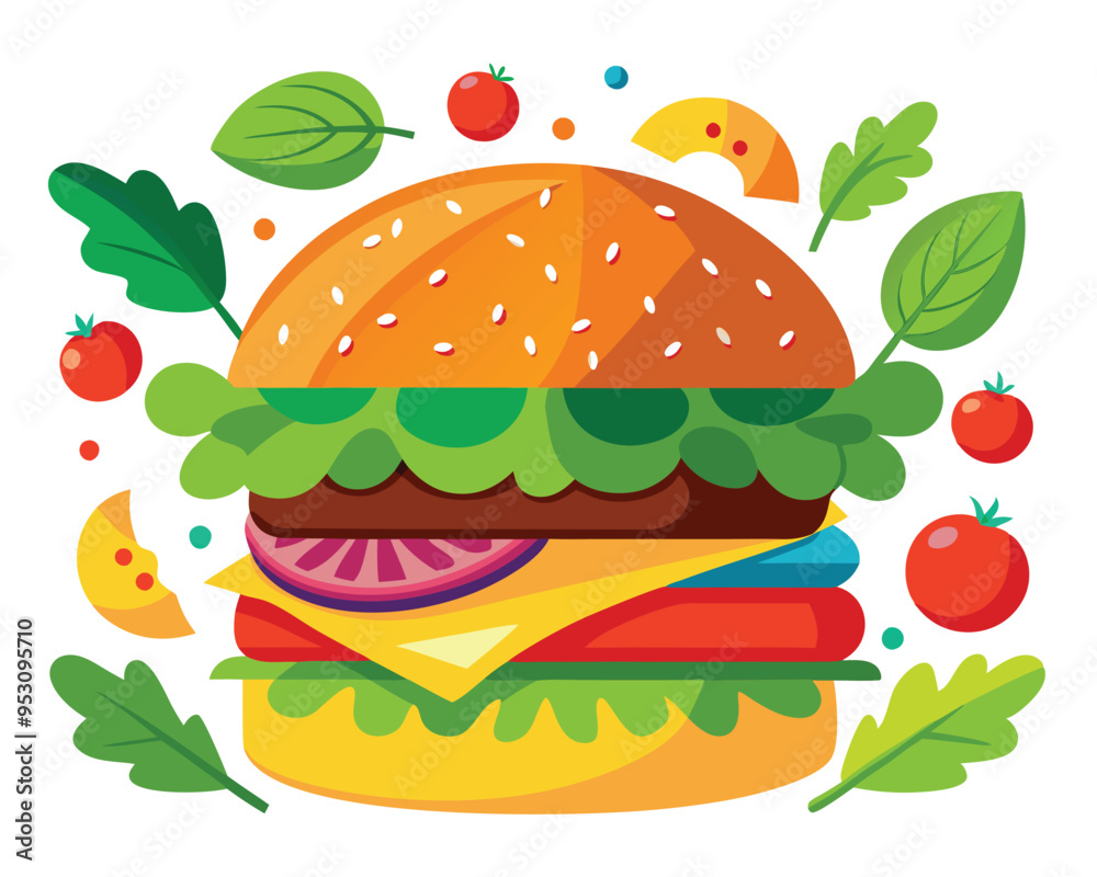 Delicious burger with fresh ingredients and vegetable vector illustration 