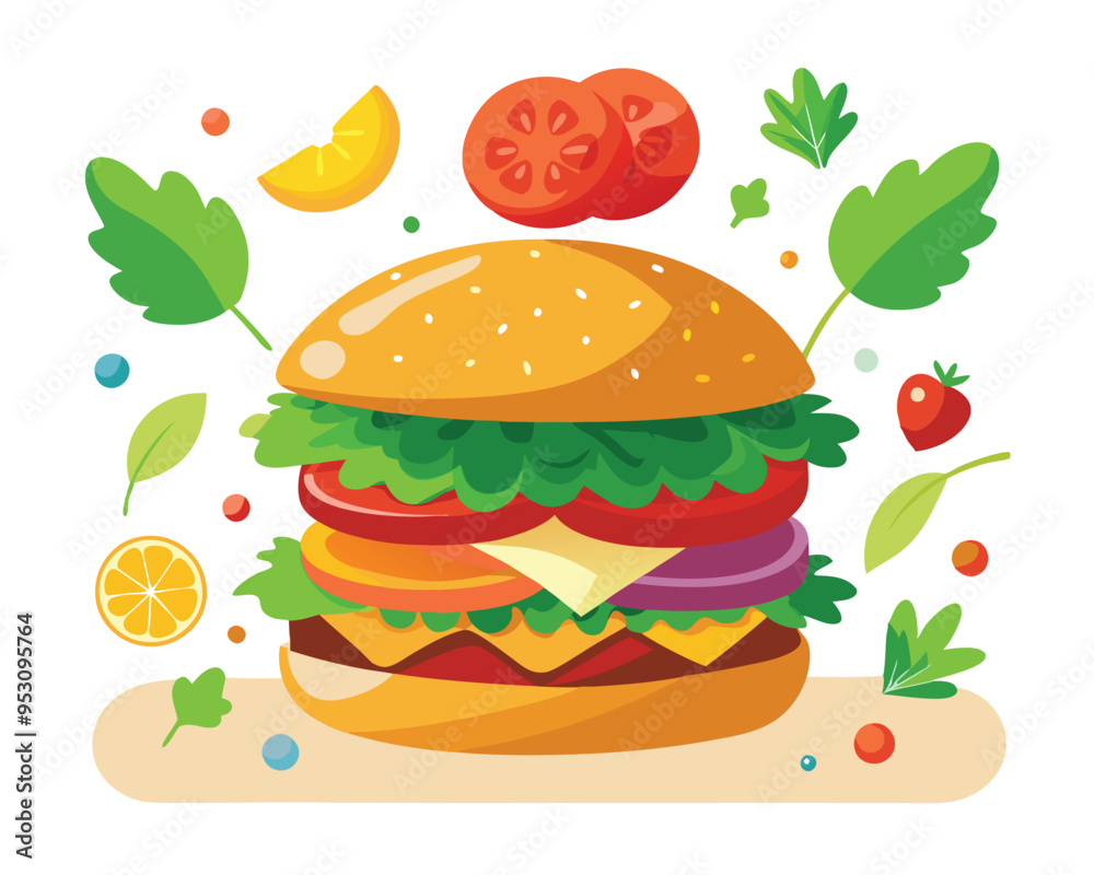 Delicious burger with fresh ingredients and vegetable vector illustration Delicious burger with fresh ingredients and vegetable vector illustration