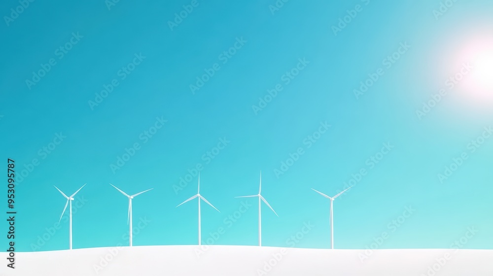 A wide shot of a wind farm with wind turbines spinning against a clear blue sky. The blades are capturing wind energy and converting it into clean electricity. A wide shot of a wind farm with wind turbines spinning against a clear blue sky. The blades are capturing wind energy and converting it into clean electricity.