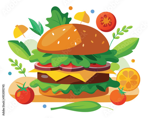 Delicious burger with fresh ingredients and vegetable vector illustration 