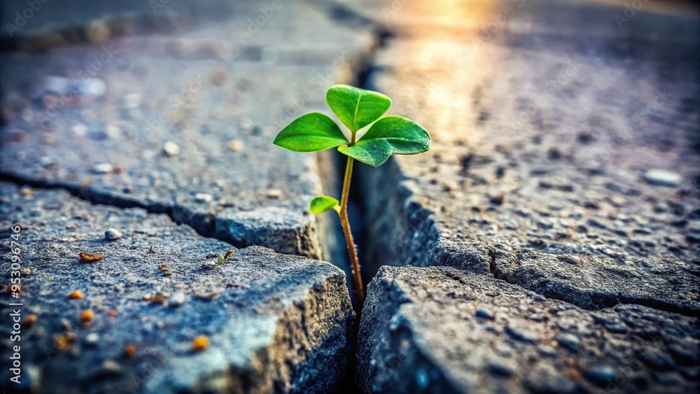 Dutch angle shot of a lonely clover sprout growing in a cracked sidewalk, urban-grunge background, resilience mood, a realistic photo image. Dutch angle shot of a lonely clover sprout growing in a cracked sidewalk, urban-grunge background, resilience mood, a realistic photo image.