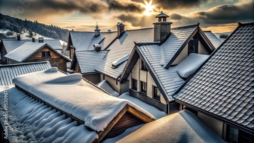 Freshly fallen snow on pewter-toned roofs, steep angled shot, dark shadows, dramatic and moody, a realistic photo image.