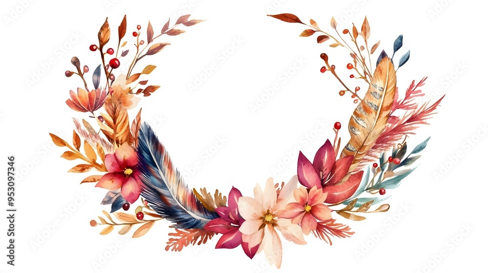 A Boho Christmas wreath clipart featuring a delicate arrangement of feathers and vibrant flowers, painted in soft watercolor hues, with warm tones that evoke a cozy holiday spirit, isolated A Boho Christmas wreath clipart featuring a delicate arrangement of feathers and vibrant flowers, painted in soft watercolor hues, with warm tones that evoke a cozy holiday spirit, isolated