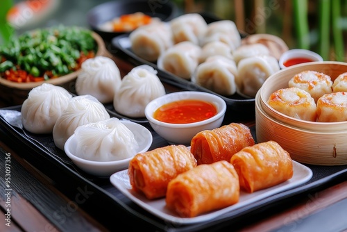 A close-up shot of a table laden with traditional Chinese dim sum dishes