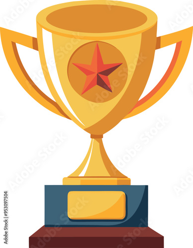 Golden Trophy with Red Star on Base for Award Recognition Flat Design Vector Illustration