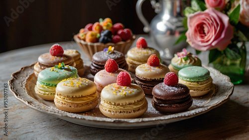 Arrangement of various sweet desserts with fruit toppings on the table