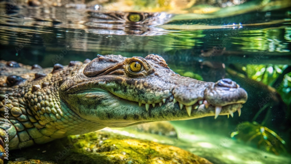 Fototapeta premium Close-up of a Crocodile's Head Partially Submerged in Water