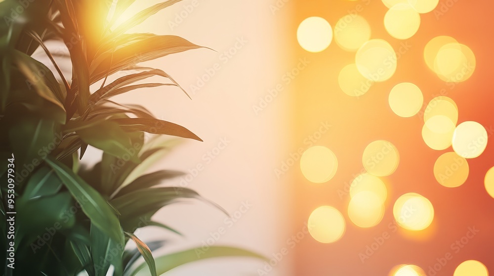 Φωτογραφία A close-up of a green plant with a soft, warm bokeh background, creating a serene and inviting atmosphere
