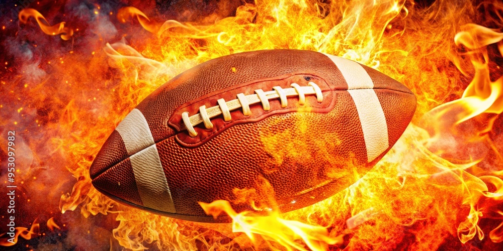 Dynamic American Football with Fiery Flames - Intense Sports Concept with Burning Energy and Power Dynamic American Football with Fiery Flames - Intense Sports Concept with Burning Energy and Power