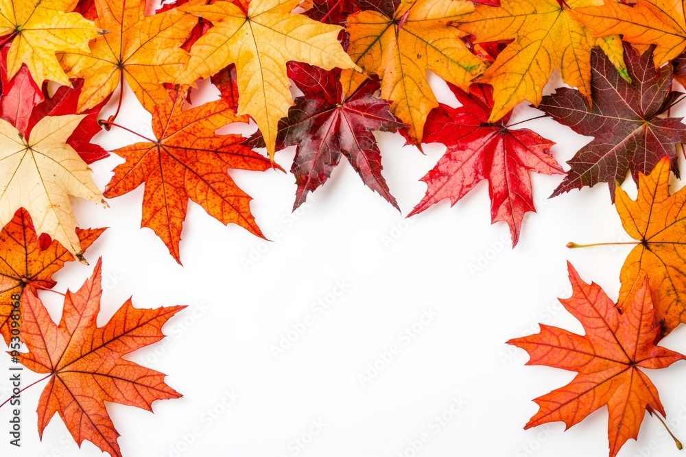 Autumn Maple Leaves Flat Lay White Background created with Generative AI Autumn Maple Leaves Flat Lay White Background created with Generative AI