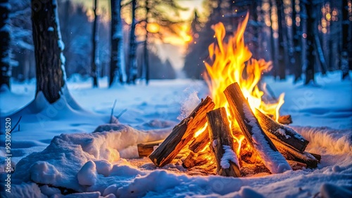 A cozy campfire burning brightly in the winter snow, symbolizing warmth, resilience, hope, and the beauty of nature