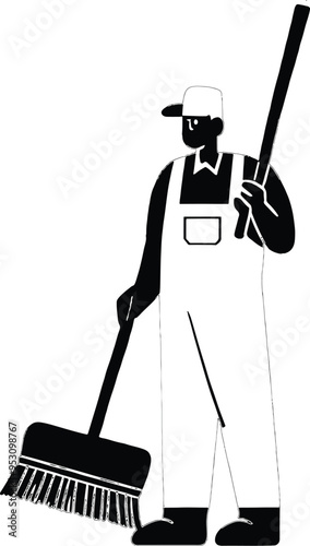 icon of a janitor with a broom and other equipment