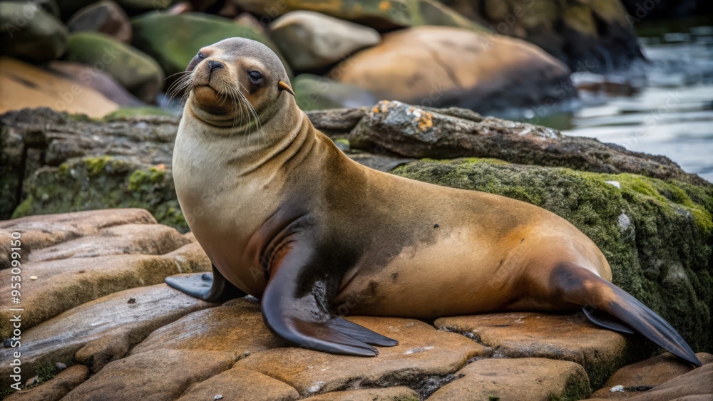 Fototapeta premium A Sea Lion Resting on Rocky Shoreline