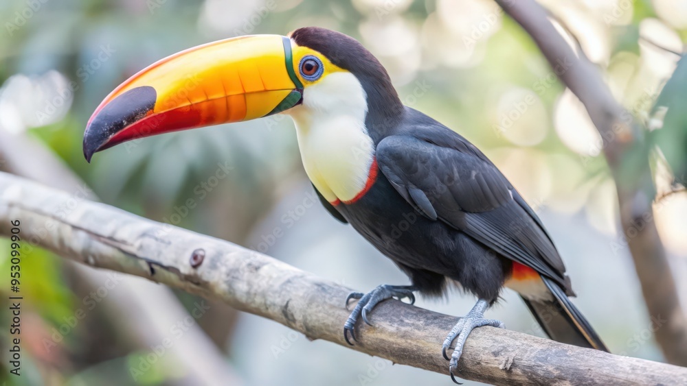 Fototapeta premium A Vibrant Toucan Perched on a Branch with a Colorful Beak