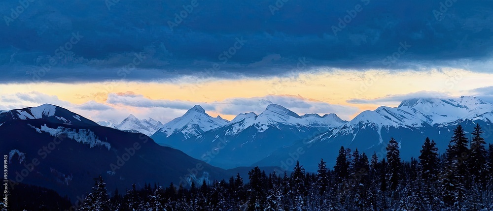 Picturesque landscape of a towering snow covered mountain under a rich twilight sky of deep blues Picturesque landscape of a towering snow covered mountain under a rich twilight sky of deep blues