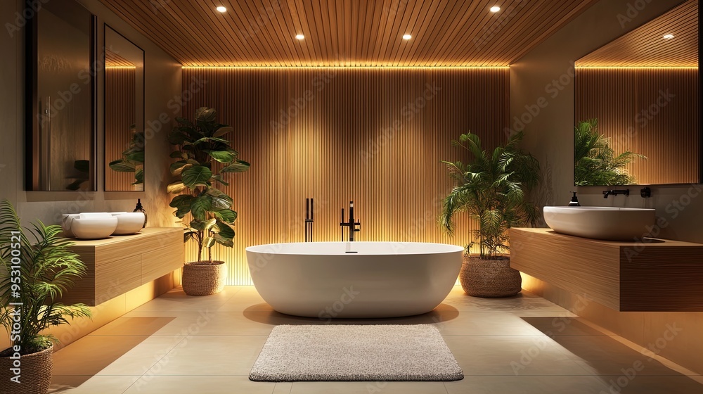 Transform Your Space: A Modern Spa-Like Bathroom with Freestanding Tub, Stylish Vanities, Ambient Lighting, and Greenery - Perfect for a Wellness-Themed Interior Poster! Transform Your Space: A Modern Spa-Like Bathroom with Freestanding Tub, Stylish Vanities, Ambient Lighting, and Greenery - Perfect for a Wellness-Themed Interior Poster!