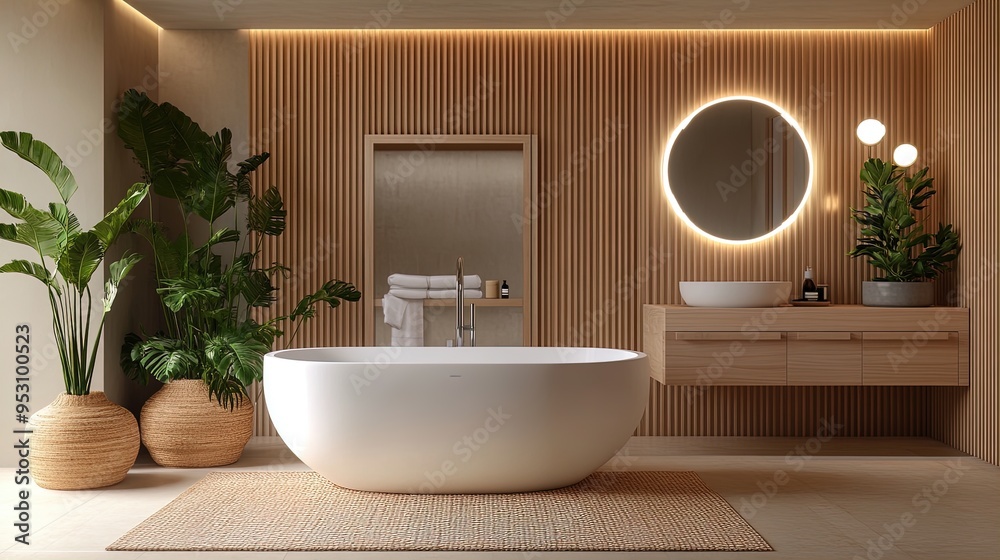 Transform Your Space: A Modern Spa-Like Bathroom with Freestanding Tub, Stylish Vanities, Ambient Lighting, and Greenery - Perfect for a Wellness-Themed Interior Poster! Transform Your Space: A Modern Spa-Like Bathroom with Freestanding Tub, Stylish Vanities, Ambient Lighting, and Greenery - Perfect for a Wellness-Themed Interior Poster!