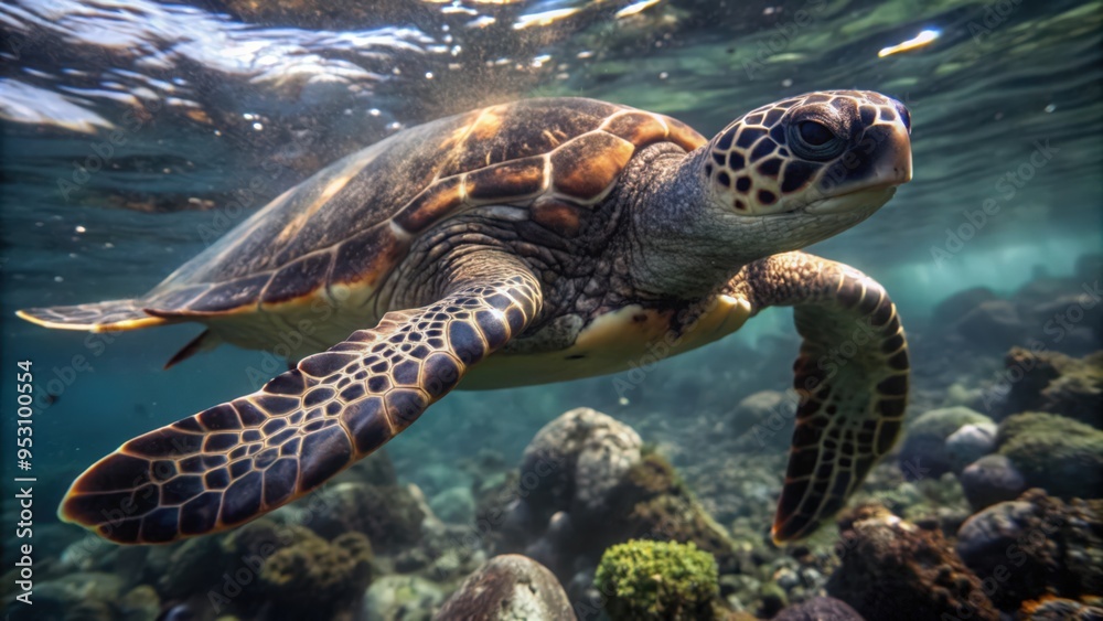 Fototapeta premium Sea Turtle Swimming Underwater in a Coral Reef