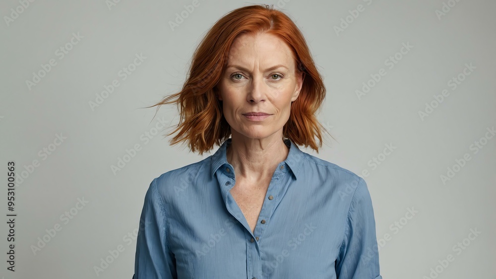 Obraz premium adult red hair white woman in blue shirt model portrait standing straight on a plain white background for ad concept space for text