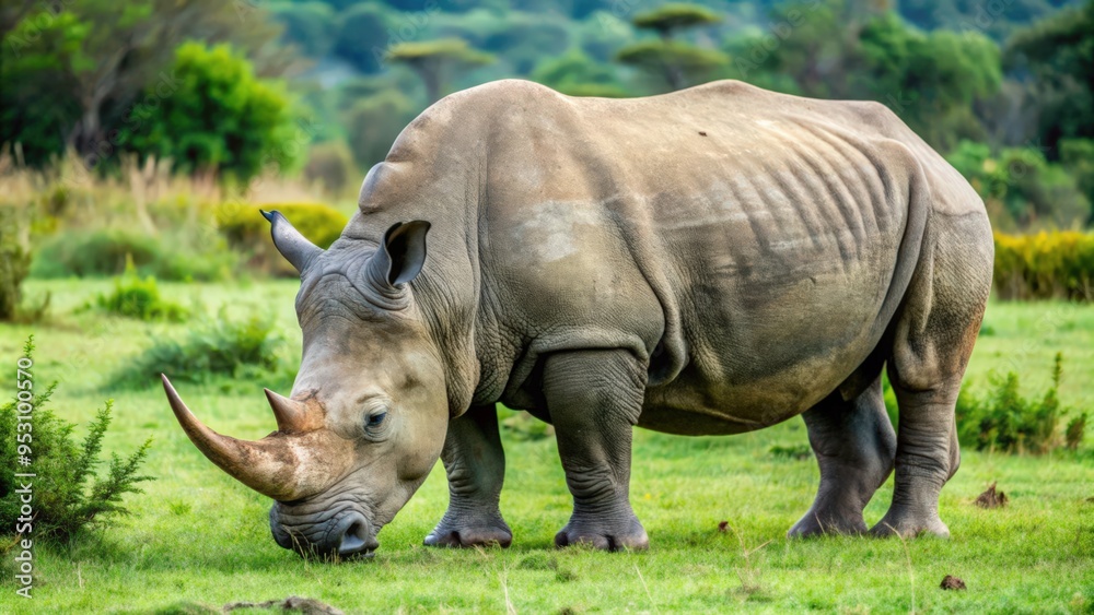 Obraz premium White rhinoceros grazing in a grassy field