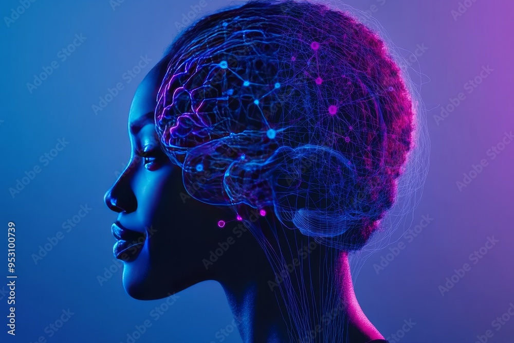 Digital female profile with vibrant neural connections representing the integration of technology human intelligence and futuristic thought Digital female profile with vibrant neural connections representing the integration of technology human intelligence and futuristic thought