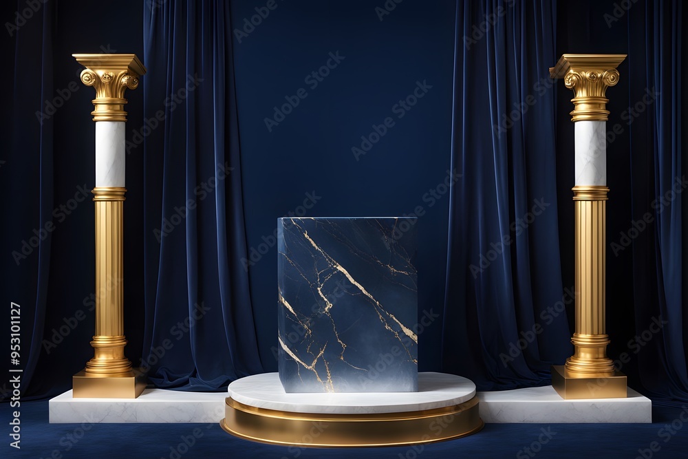 A marble podium with gold accents against a luxury dark blue velvet backdrop, AI generated A marble podium with gold accents against a luxury dark blue velvet backdrop, AI generated