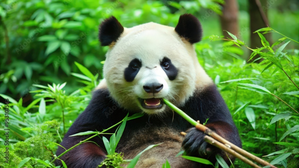 Fototapeta premium A Giant Panda Eating Bamboo in a Lush Green Forest