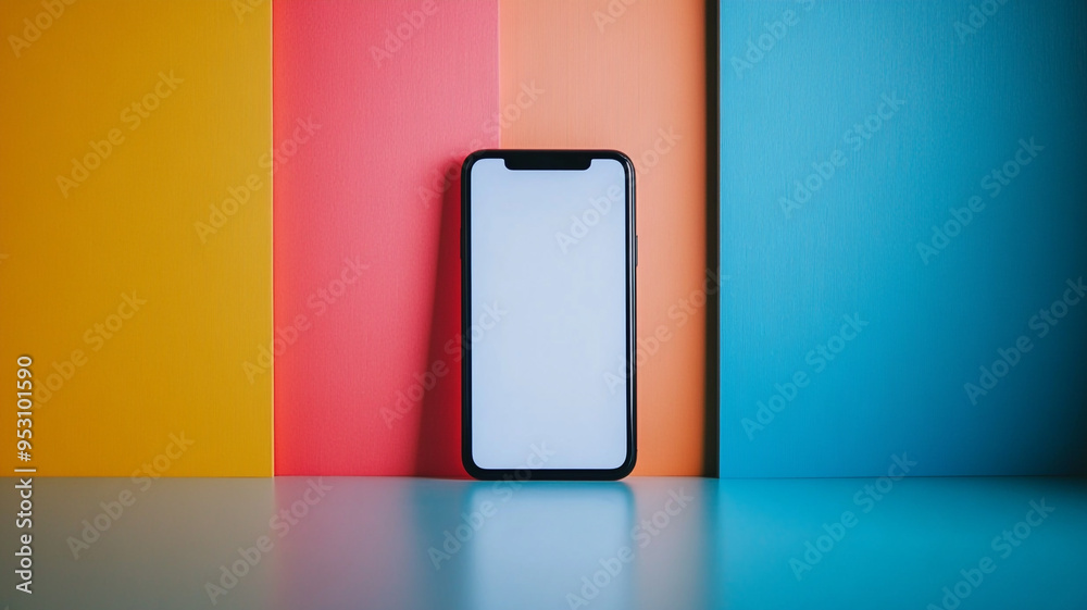 A blank smartphone on a vibrant colored background in a modern, minimalist setup showcasing creativity and design A blank smartphone on a vibrant colored background in a modern, minimalist setup showcasing creativity and design