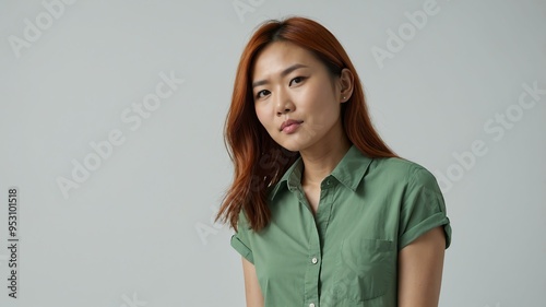 adult red hair east asian woman in green shirt model portrait standing straight on a plain white background for ad concept space for text