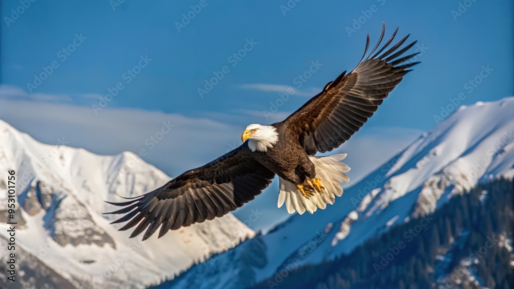 Obraz premium Bald Eagle Soaring Over Snowy Mountain Range