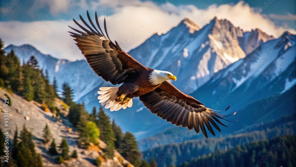 Fototapeta premium Bald Eagle Soaring Over Majestic Mountain Range