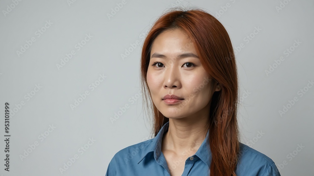 Fototapeta premium adult red hair asian woman in blue shirt model portrait standing straight on a plain white background for ad concept space for text