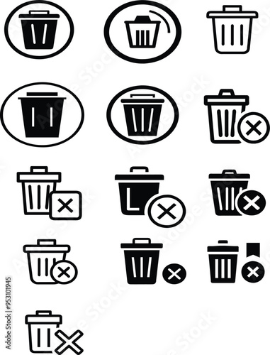A versatile set of delete and trash bin icons designed for user interface and digital applications. This collection features various styles, including classic trash bins, wastebaskets 