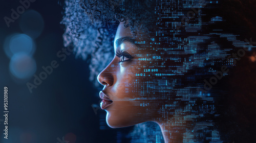 AI cyber security threat illustration, female african american IT specialist analysing futuristic holographic data information. Augmented reality artificial intelligence collage, side profil