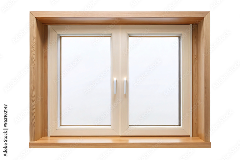 A double-pane window with a natural wooden frame and minimalistic design on a transparent background. This window focuses on energy efficiency and modern aesthetics A double-pane window with a natural wooden frame and minimalistic design on a transparent background. This window focuses on energy efficiency and modern aesthetics