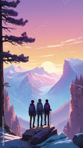 Stylized illustration of a mountain landscape with a forest and hiker tourists with backpacks enjoying the view at sunset