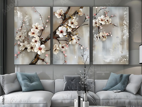Elegant Living Room Interior with Floral Wall Art