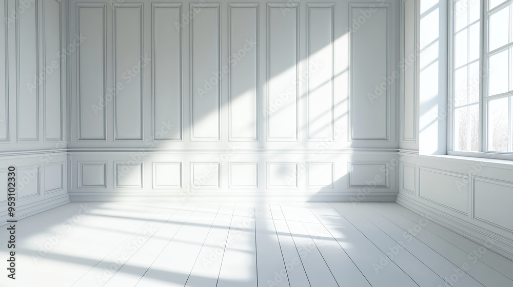 A white room with white paneled walls and a window, light shadows, and sun rays A white room with white paneled walls and a window, light shadows, and sun rays