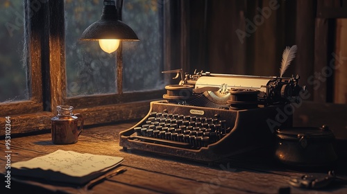 Timeless Writing Space: Rustic Typewriter, Feather Quill, and Inkpot on Oak Desk - Perfect Poster for Inspiring Creative Interiors with a Touch of Vintage Charm.