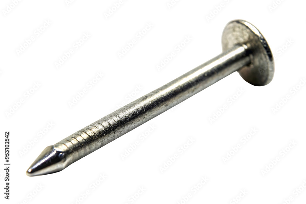 A steel nail featuring a ribbed surface near the tip and a flat head on a transparent background. This image emphasizes the nail's strength and durability for construction purposes A steel nail featuring a ribbed surface near the tip and a flat head on a transparent background. This image emphasizes the nail's strength and durability for construction purposes