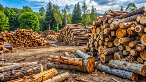 A chaotic and rustic scene of various piles of logs, firewood, and dirt photo