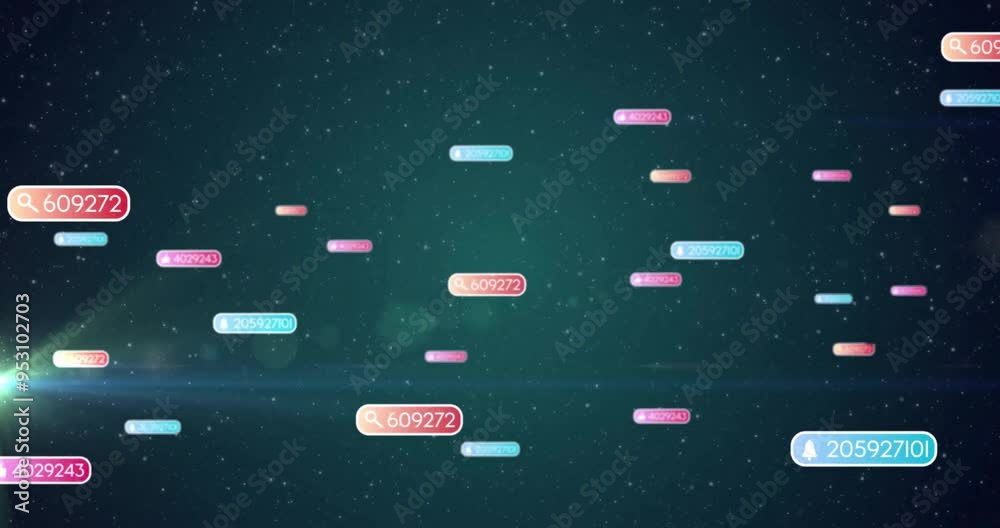 Floating numerical codes animation over starry night sky background ...