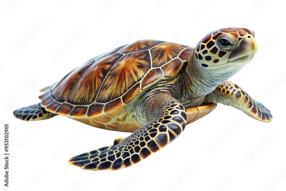 Fototapeta premium An angle of the lifelike sea turtle on a transparent background, showcasing its detailed, richly patterned shell and smooth flippers, emphasizing its grace and natural beauty