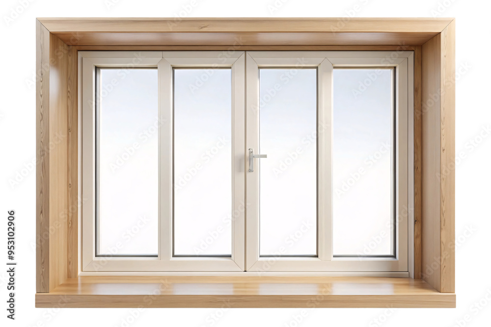 A window with a wooden frame and four white panels on a transparent background. The window is designed for a modern home, featuring clean lines and a minimalist aesthetic A window with a wooden frame and four white panels on a transparent background. The window is designed for a modern home, featuring clean lines and a minimalist aesthetic